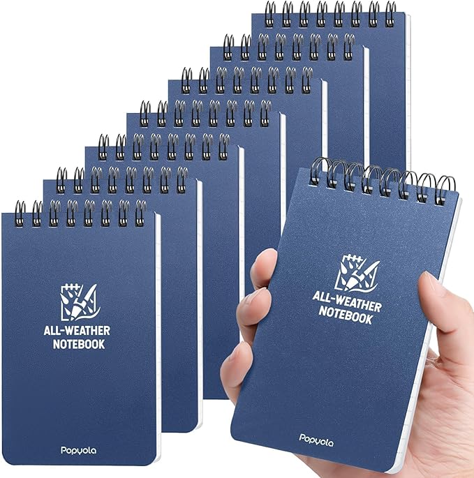 POPYOLA 8 Pack Waterproof Pocket Notebook, 3x5 Pocket Notepad, All Weather Mini Spiral Notepad, Write in the Rain Police Notepad with 100 Squared Pages for Outdoor Home Office School, Blue