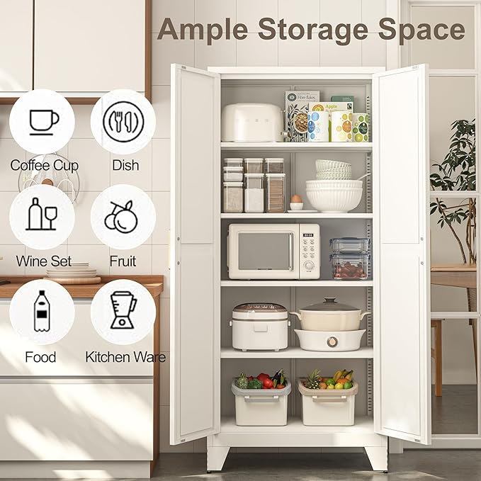 71H Tall Metal Storage Cabinet with 2 Doors and 5 Shelves,Farmhouse Storage Cabinet with Barn Doors,Pantry Storage for Home,Office,Dining Room,Kitchen,Bathroom(White)