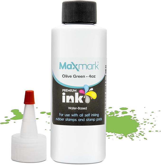 MaxMark Premium Refill Ink for self Inking Stamps and Stamp Pads, Olive Green Color - 4 oz.