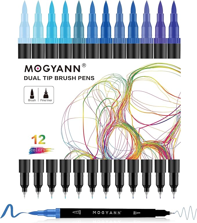 Mogyann Blue Markers, 12 Pack Dual Brush Pens Drawing Markers for Art Sketching