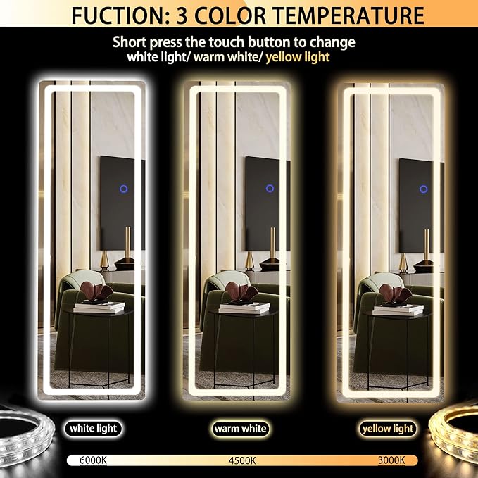 Hasipu Full Length Mirror with Lights, 56" x 16" LED Floor Mirror, Full Body Dressing Standing, Hanging Mounted Mirror for Living Room Bedroom Cloakroom, Round White