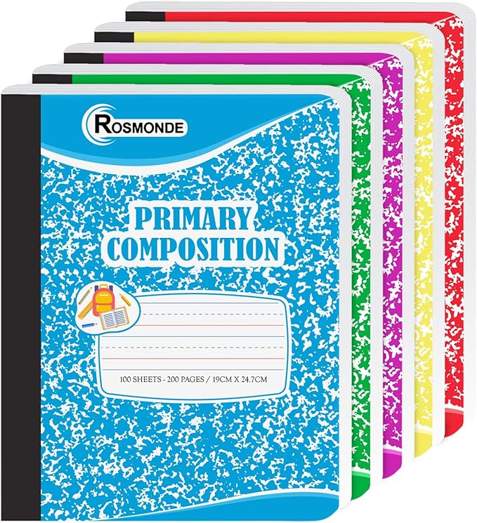 Composition Notebooks Primary Ruled 50 Pack, 200 Pages (100 Sheets), Color Marble Composition Notebook, Sewn Binding Hard Cover, Primary Composition Notebook for Kids, Writing Dotted Lined