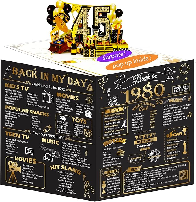 45th Birthday Card for Men Women, 3D Pop Up 45th Birthday Gifts Cards for Him Her, Back In 1980 Funny 45 Year Old Birthday Decorations