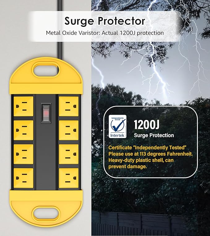 CCCEI 2 Outdoor Power Strips Weatherproof with 8 Plug, Waterproof Extension Cord with Multiple Outlets, Christmas Exterior Garden Yard Surge Protector 10FT, Yellow.