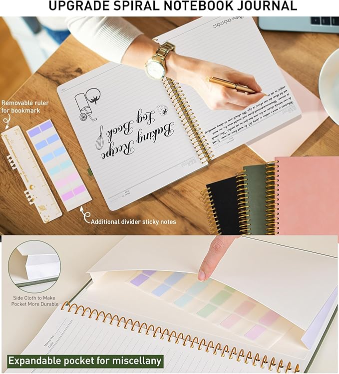 A4 Spiral Notebook Journal 8.5” x 11”, 256 Numbered Pages Hardcover Leather Journals for Women Men, Large Lined College Ruled Notebooks, 100GSM Thick Paper, Spiral Bound Journal for Work School, Green