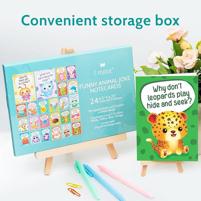 24 Funny Animal Joke Notecards with No Repeats - 4.5” x 6.25” Humorous Bulk Thinking of You Cards for Kids, Grandkids, Students, and Teachers, Summer Camp and More