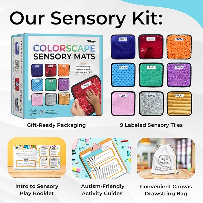 9 Labeled Sensory Mats w/Lesson Plans, Sensory Toys for Kids with Autism, Sensory Wall & Autism Toys for Toddlers 3-4, Calming Corner Items Kids 5-7, 8-12, Special Education Classroom Must Haves
