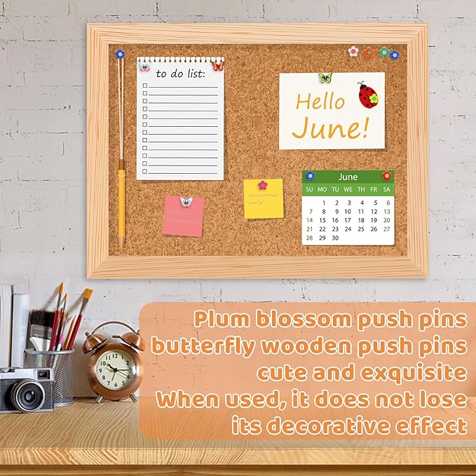 80 Pcs Push Pins for Cork Board, Decorative Thumb Tacks Wooden Push Pins Head Pin Wood Map Tacks Pin, Wood Thumb Tacks for Bulletin Boards Craft Projects with Storage Box-Flower and Butterfly