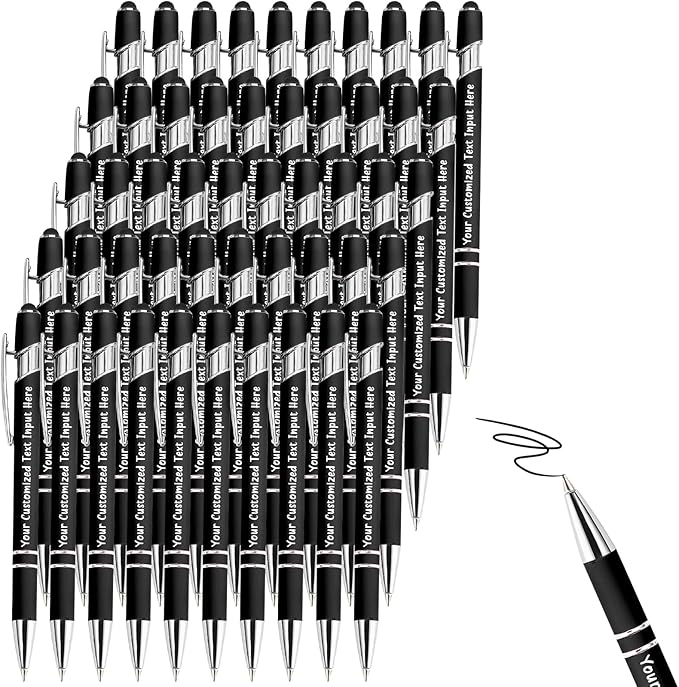 Up to 150 Pcs Personalized Ballpoint Pen Custom Pens Free Engraved Bulk with Name Logo Soft Black Ink Stylus with Touch Metal Office Gift for Anniversaries Graduations Birthdays