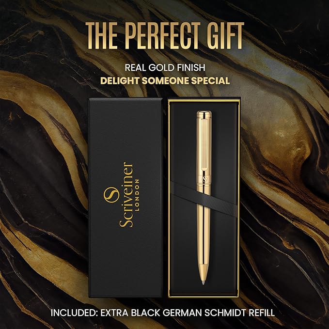 Scriveiner Gold Ballpoint Pen - Stunning Luxury Pen, Real Gold Plating, Schmidt Black Refill, Best Ball Pen Gift Set for Men & Women, Professional Executive Office, Nice Fancy Designer Pens