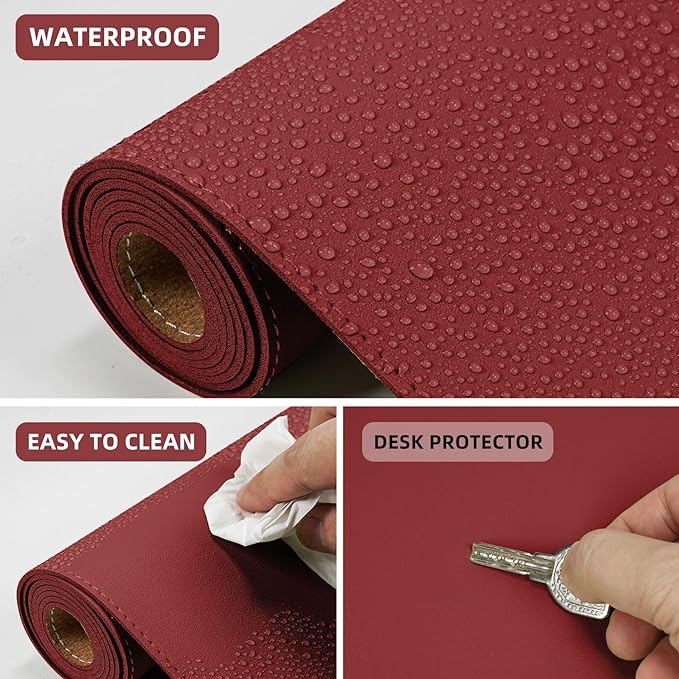 Leather Desk pad Protector, Large Desk mat with Natural Cork & PU Leather,Mouse pad,Non-Slip Office Desk Mat,Waterproof Desk Writing Pad for Office and Home (47in*17in, red)