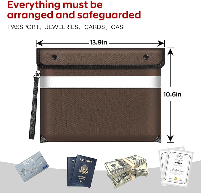 Fireproof Document Bag,5200℉ Insulated Fire Proof Money Bag for Cash,Waterproof Document Pouch with Water Resistant Zipper,8 Layers of Heat Insulated Materials,13.9x10.6 Inch(Brown)