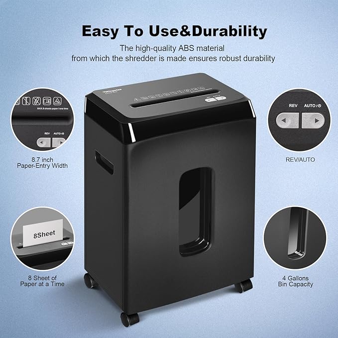 58dB Quiet P-4 Cross-Cut Paper Shredder for Home & Office Use | Fast 8-Sheet Feeding, 4 Gal Bin (LITE)