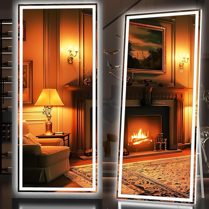 Hasipu Full Length Mirror with Lights, 75" x 28" LED Lighted Floor Standing, Full Body Dressing Hanging Mounted Mirror, Dimmable, Tempered Glass, Safe to Use, Square White