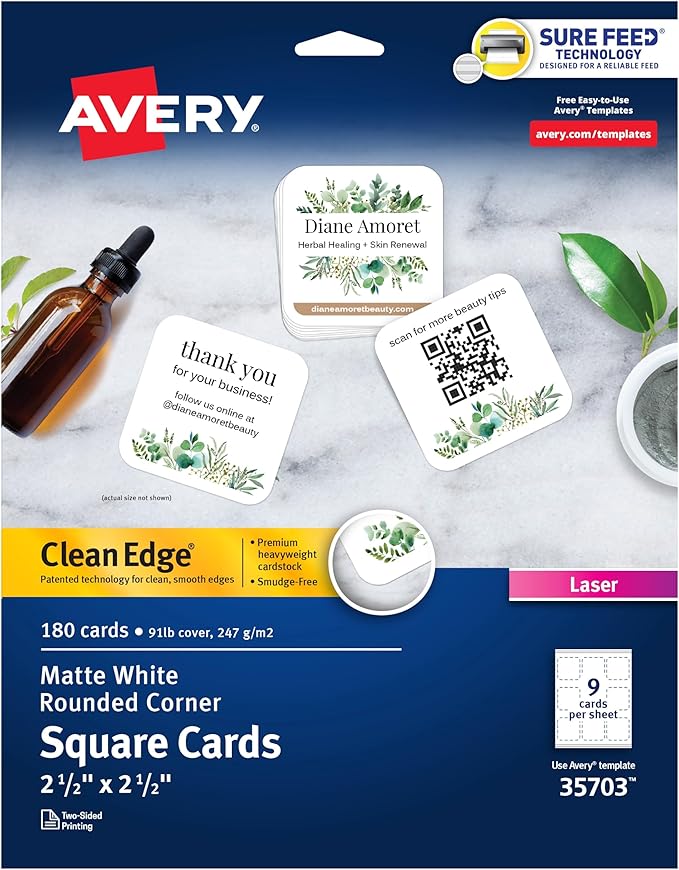 Avery Clean Edge Printable Square Cards with Sure Feed Technology, Rounded Corners, 2.5" x 2.5", White, 180 Blank Cards for Laser Printers (35703)