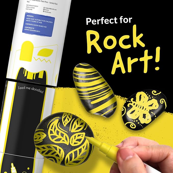 5 Acrylic Yellow Paint Pen - Extra Fine Tip, Thin & Jumbo (1mm, 3mm, 6mm, 10mm, 15mm) - Yellow Paint Marker for Metal, Fabric, Canvas, Wood, Rock Painting, Glass Markers, Water-based ink