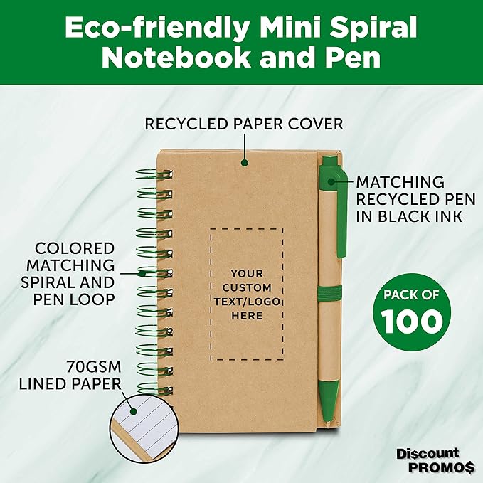 Custom Mini Spiral Notebooks with Black Ink Pens Set of 100, Personalized Bulk Pack - Perfect for School, Office, Business, Home - Green