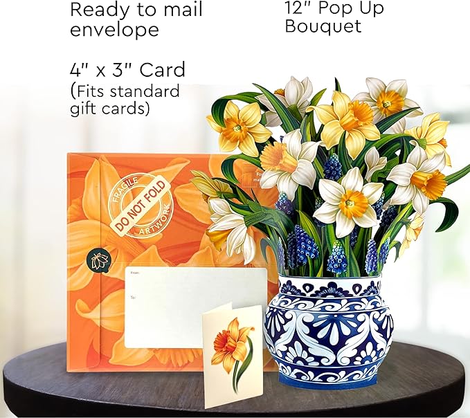 Freshcut Paper Pop Up Cards, English Daffodils 12 inch Paper Flower Bouquet Greeting Cards with Blank Note Card & Envelope, Birthday Gifts for Women