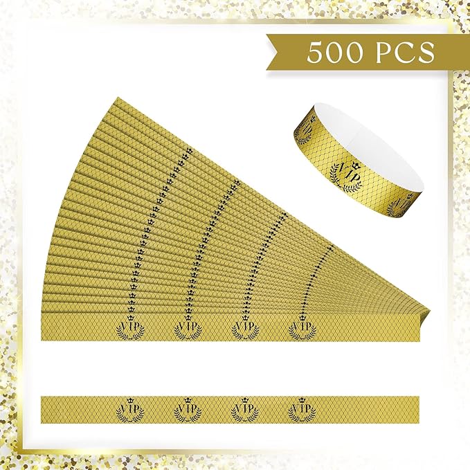 Jadive 500 Pieces Paper Wristbands VIP Plastic Waterproof Party Identification Wristbands Party Bracelets for Events Amusement Parks, Club, Concerts, Fairs, Festivals and Events(Gold)