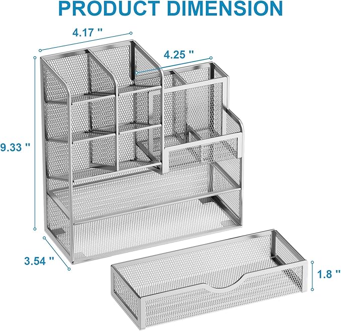 Marbrasse Mesh Pen Holder for Desk, Pen Organizer with Drawer, Multi-Functional Pencil Organizer, Desk Organizers and Accessories for Office Art Supplies (Silver)