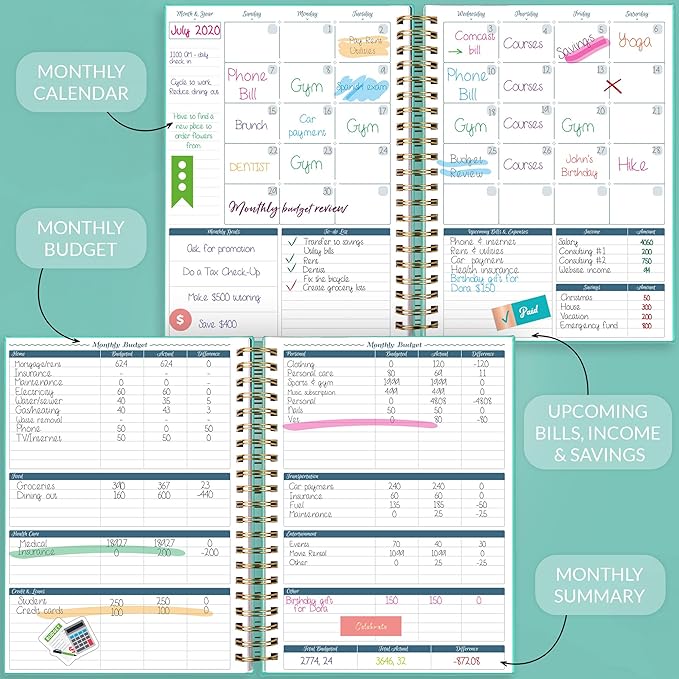 GoGirl Budget Planner & Monthly Bill Organizer – Monthly Financial Book with Pockets. Expense Tracker Notebook Journal, Large (Mint Green)