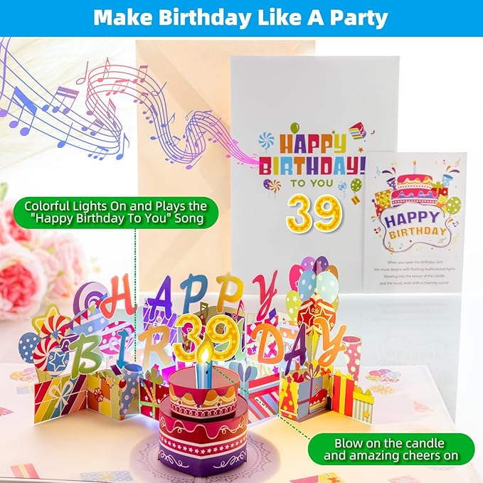 Gumry 39TH Musical Birthday PopUp Card, Blowable Colorful Light Candle 3D Cards with Song, Applause Cheers Sound, Greeting Cards Birthday Gifts Decorations for Women Men Turning 39 Years Old
