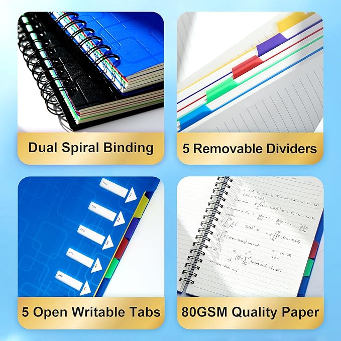 CAGIE Spiral Notebook 5x7 Small Notebooks College Ruled 5 Subject Notebook with Dividers A5 for Work Office School Supplies Journal, 240 Pages/ 120 Sheets, Blue
