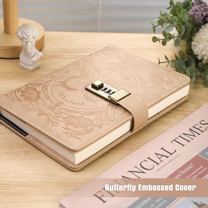 TIEFOSSI Diary with Lock for Women Girls, Lined Locked Journal, Butterfly Journal Notebook with Pen and Bookmark, A5 Refillable Locking Journals for Writing, 224 Numbered Pages