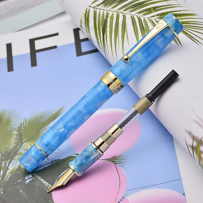 Jinhao 100 Fountain Pen Celluloid Classic Style, #6 Nib Smooth Writing Instrument with Refillable Converter and Pen Case Set