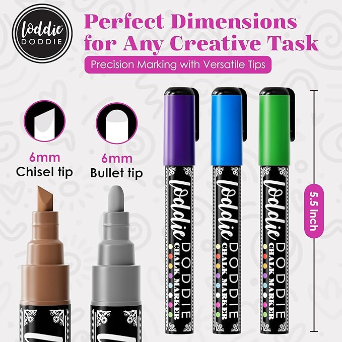 Loddie Doddie Metallic Liquid Chalk Markers for Chalkboard - 8 Count, 6mm Reversible Chisel & Bullet Tip - Erasable Chalk Pen - Metallic Chalkboard Markers - Chisel Tip Pens