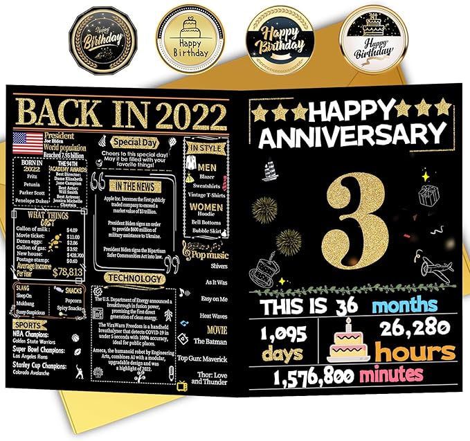 Joycard 3th Anniversary Card for Women Men, Gold Wedding Card for Wife Husband, Sweet Marriage Decorations Gifts for Couple, Perfect for Her Him on Anniversary Day, Back in 2022