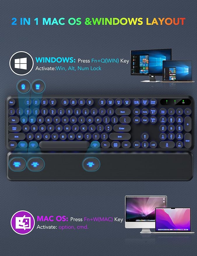 Wireless Keyboard and Mouse Backlit - Typewriter Keyboard with Detachable Wrist Rest, Retro Round Keycaps, Light Up Letters, 2.4G Cordless Combo for Mac, Windows, PC, Laptop, Trueque [2024 Upgraded]