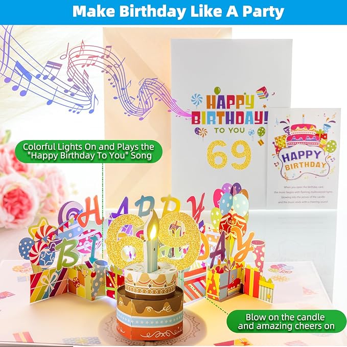 Gumry 69TH Musical Birthday PopUp Card, Blowable Colorful Light Candle 3D Cards with Song, Applause Cheers Sound, Greeting Cards Birthday Gifts Decorations for Women Men Turning 69 Years Old