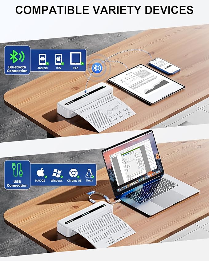 COLORWING M832 Portable Printers Wireless for Travel, 300DPI Mini Compact Inkless Printer, Thermal Bluetooth Printer Compatible with Android and iOS Smartphone & Tablet & Laptop - White