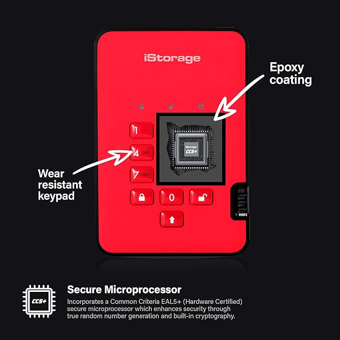 iStorage diskAshur2 HDD 1TB Red | Secure portable hard drive | Password protected | Dust & water resistant | Hardware Encryption