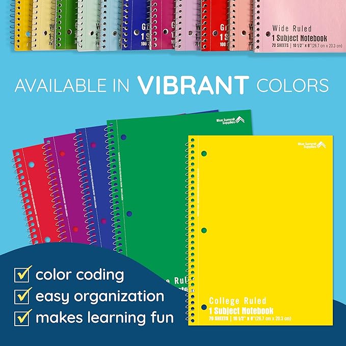 Blue Summit Spiral Notebooks Bulk, One Subject Spiral Notebook College Ruled, Perforated Notebook, 8 x 10.5 for Work and School, Paper, College Ruled, Bulk 12 Pack