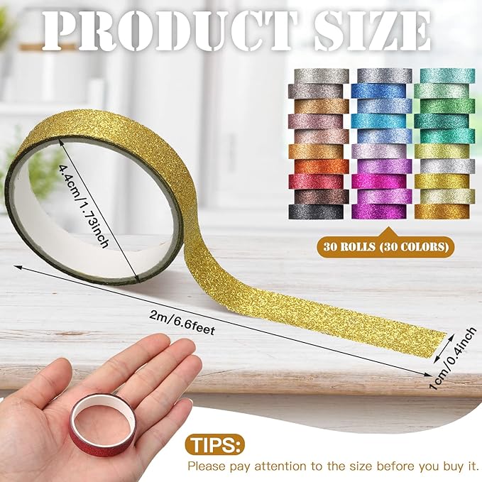 Eaasty 30 Rolls Glitter Washi Tape Colored 66 Yard Rainbow Metallic Tape Decorative Adhesive for Art Scrapbook DIY Craft Projects Gift Wrapping Decor