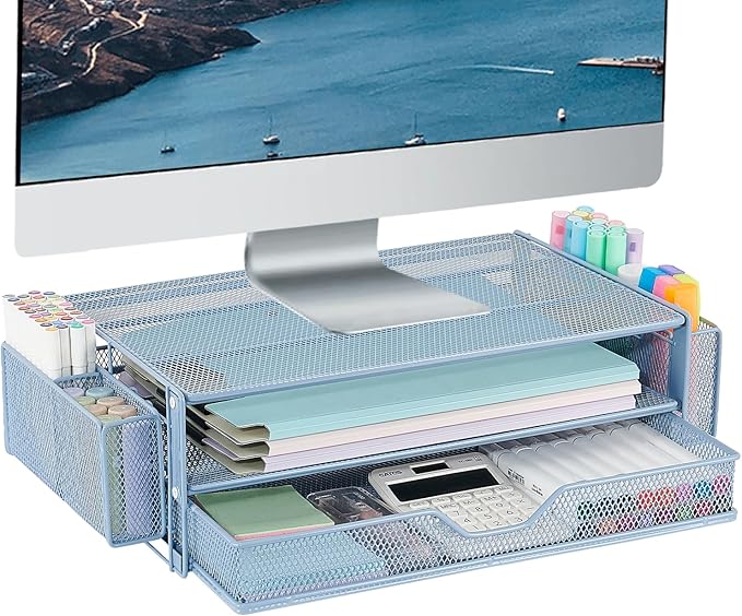 AUPSEN Computer Monitor Stands Riser，2-Tier Desk Organizers and Accessories, Office Desk Accessories Organizer with Drawers and 2 Pen Holder for Office Supplies (Blue)