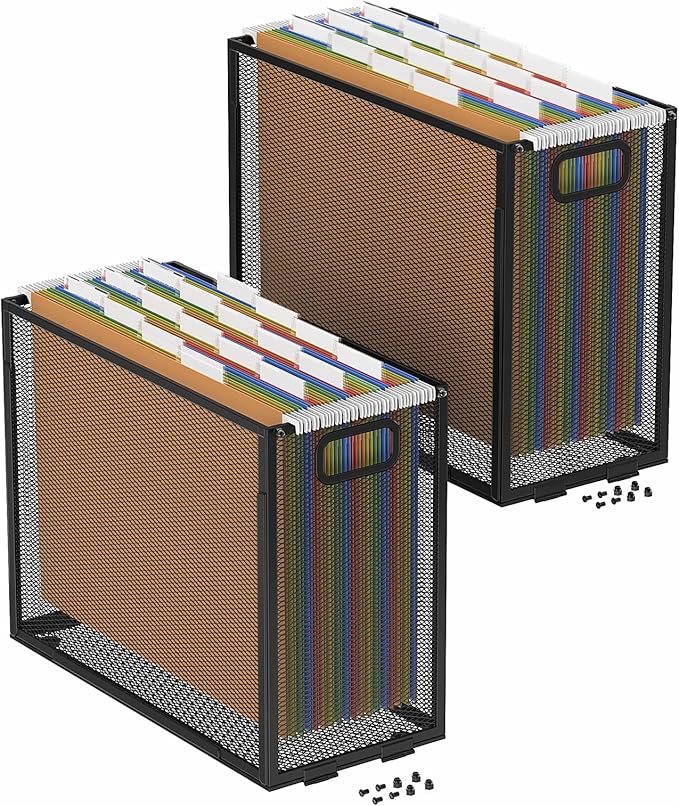 Oterri Hanging File Organizer, Metal File Organizer, Portable Desktop File Organizer for Letter Size Folder, Mesh Hanging File Crate for Office,Folders Not Included(Cool Black,2 Pack)