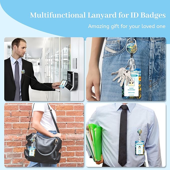 Sunflower Lanyards for Id Badges, Badge Holder with Retractable Reel Clip, Work Name Tags Keychain Lanyard with ID Holder, ID Card Protector Cover Case for Women Teacher Nurse Doctor Office