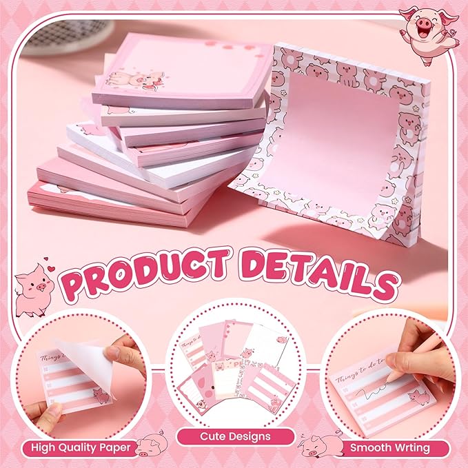 9 Pads Cute Sticky Notes Cartoon Animal Self Stick Notepads 3x3 Inches Notes Adhesive Memo Pad Office Decor Gifts for Students School Office Meeting(Piggy)