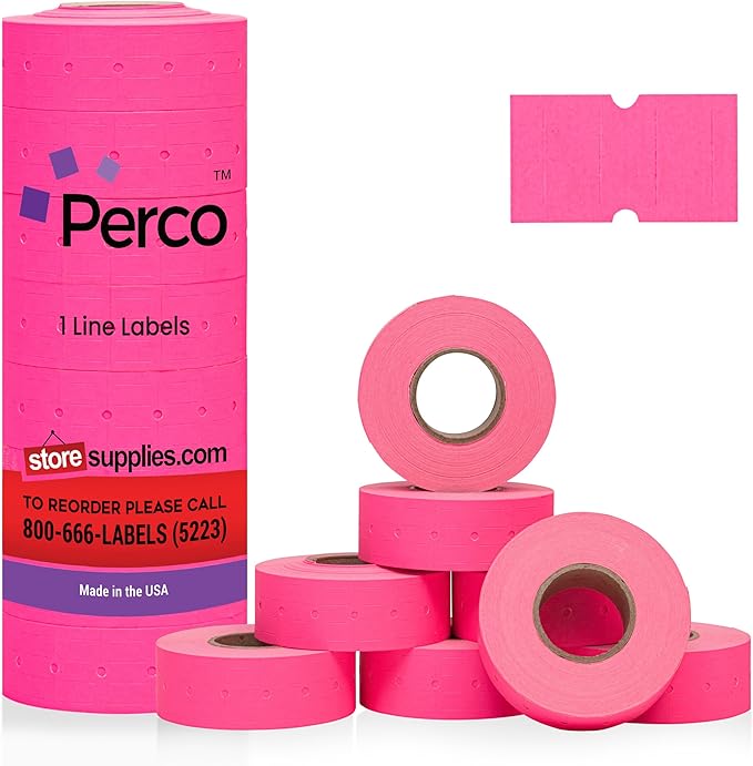 Perco 1 Line Fluorescent Pink Labels - 8 Rolls, 1 Sleeve, 8,000 Blank Price and Date Gun Labels for Perco 1 Line Price and Date Guns - Made in USA