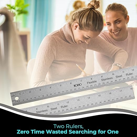 NOKKO 18 Inch Metal Ruler with Cork Backing, Pack of 2 - Stainless Steel Straight Edge Ruler with Inches and Centimeters, Non-Slip Cork Back for Precision Measurement and Stability