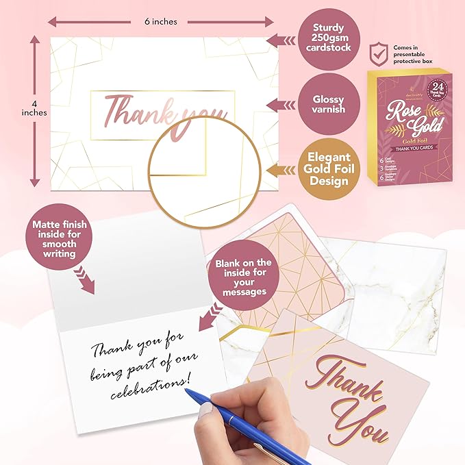Decorably 24 Pack Gold-Foiled 6x4in Rose Gold Thank You Cards with Envelopes and Stickers, 6 Elegant Designs Pink Thank You Notes, Blank Inside - Wedding, Baby Shower, Birthday