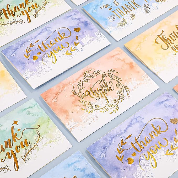 24 Pack Watercolor Thank You Cards with 24 Envelopes 24 Stickers 6 Designs Gold Letter Greeting Note Cards Thank You Notes Round Envelope Seal Stickers for Wedding Graduation(Lovely Style)