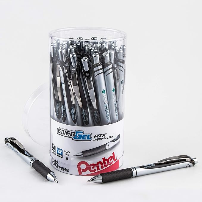 Pentel EnerGel RTX Retractable Liquid Gel Pen Canister, Black Ink, 36Pk (BL77PC36A)