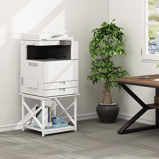 23.6 x 23.6 Inches Large Printer Stand, 2 Tier Square Printer Table with Storage Shelf for Home Office, Multi-use Rolling Cart with Wheels for Laser, 3D Printer and Mini Fridge - White