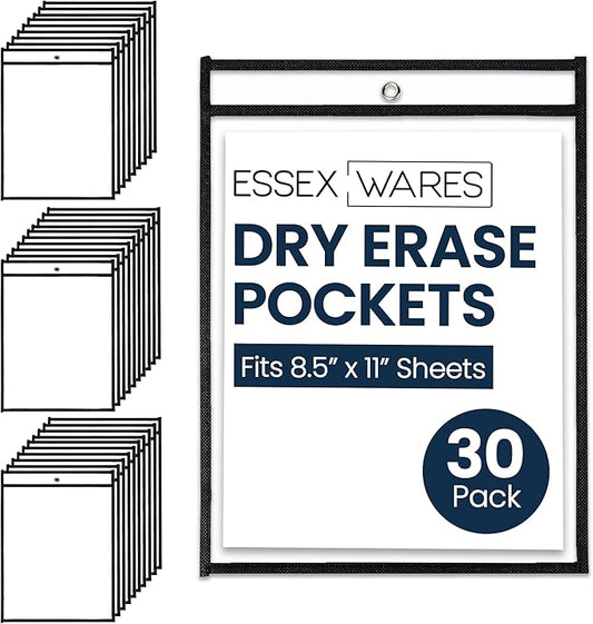 30 Pack, Black, Dry Erase Pocket Document Protectors, 10" Wide x 13.5" Tall - Dry Erase Clear Plastic Sleeves - Reusable & Easy Erase Plastic Invoice Holders, Water-Resistant & Durable