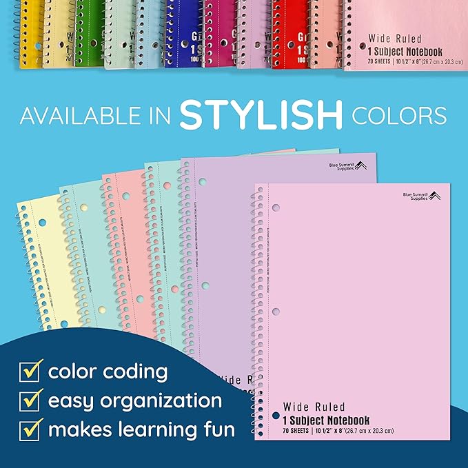 Blue Summit Pastel Spiral Notebooks, 1 Subject Pastel Notebooks Wide Ruled, Paper School Bulk Notebook, 12 Pack