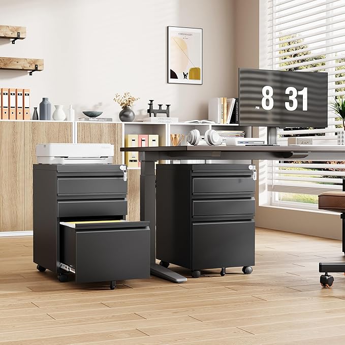 Mobile File Cabinet with Lock, 3 Drawer File Cabinet for Home Office, Rolling File Cabinet, Under Desk Locking Filing Cabinet on Wheels for Legal/Letter/A4 File, Fully Assembled, Black